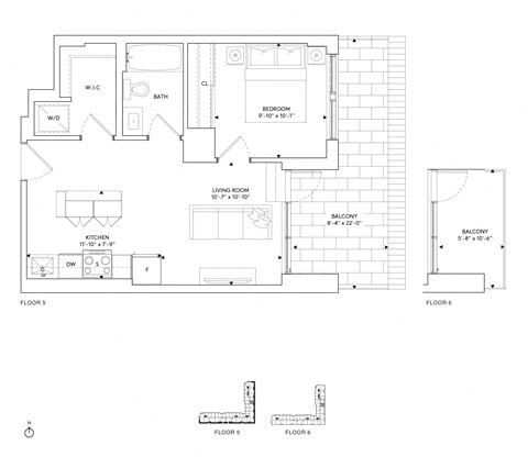 Floor plan for 1 bed, 1 bath, 557 sqft